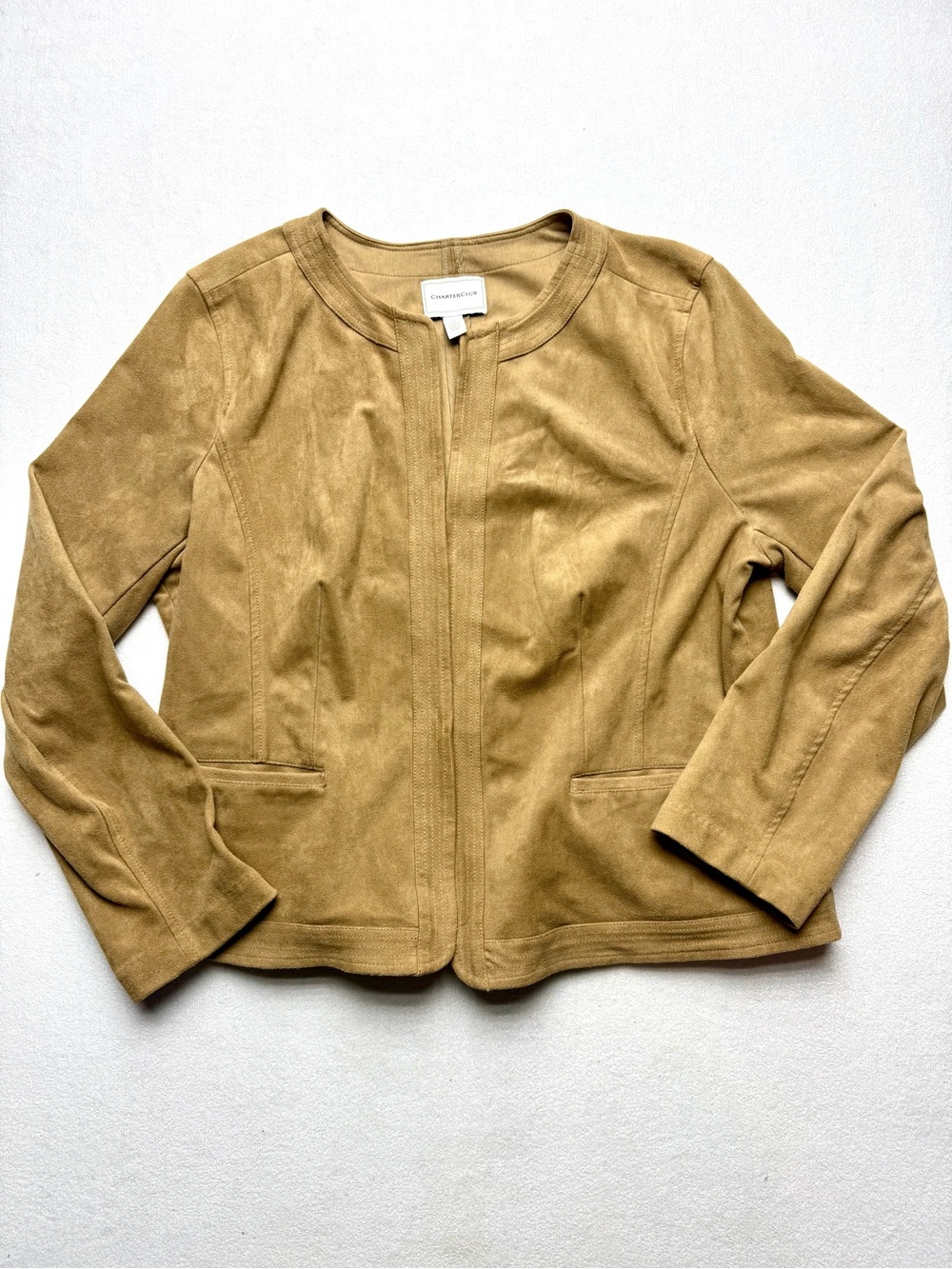 Charter Club Tan Collarless Faux-Suede Blazer